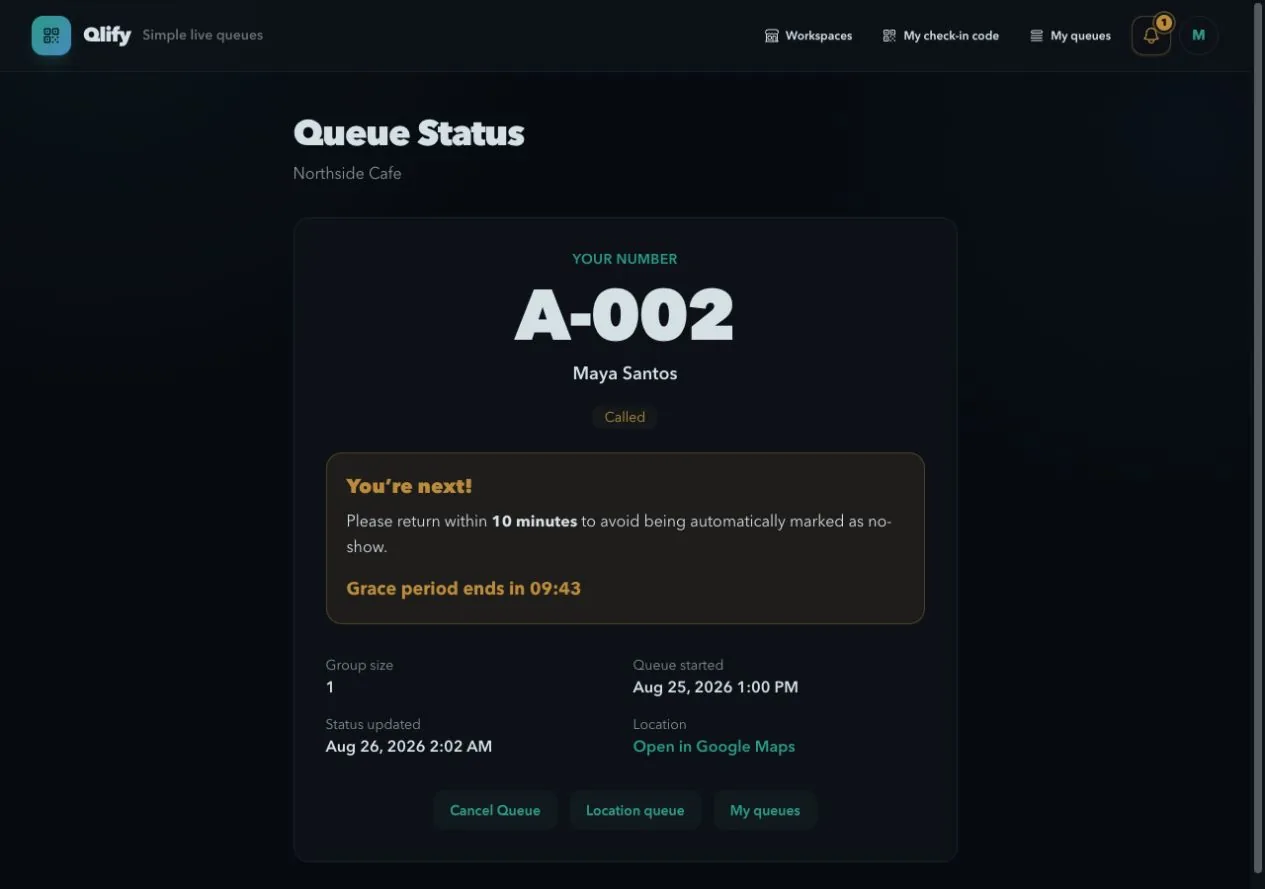 Qlify customer status screen showing a sample queue number called