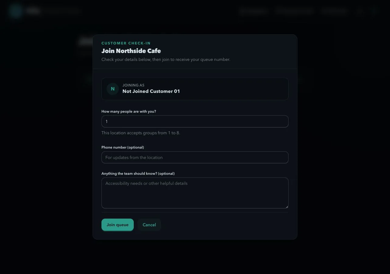 Qlify customer check-in screen for a sample Northside Cafe queue