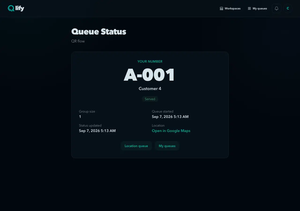 Qlify customer status screen showing a sample visit served after a crew QR scan