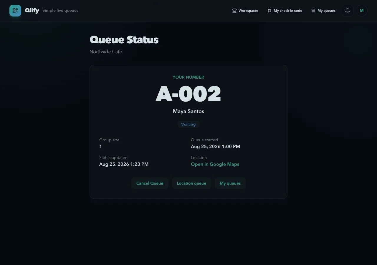 Qlify customer status screen showing a sample queue number waiting