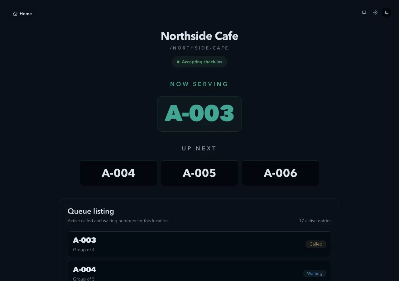 Qlify public location display showing sample now-serving and upcoming queue numbers