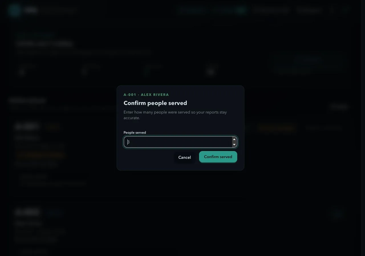 Qlify team confirmation screen marking a sample queue entry served