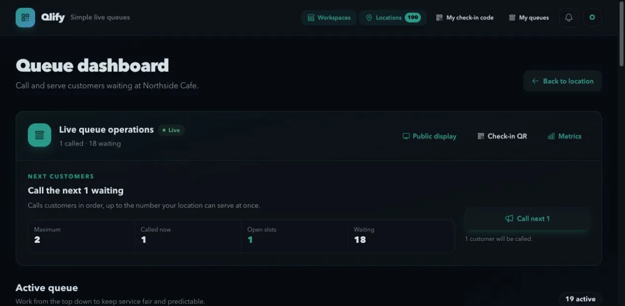 Qlify team dashboard showing sample live queue capacity and call controls